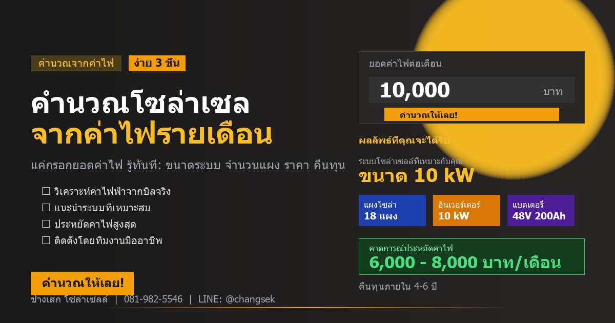 คำนวณโซล่าเซลจากค่าไฟรายเดือน - ช่างเสก